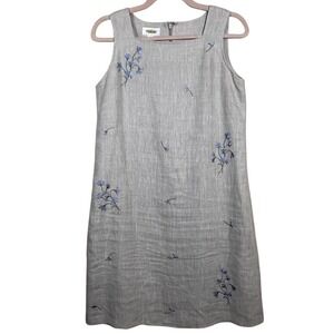Talbots 100% Linen Shift Dress Tan 10P Floral Embroidered Cottagecore